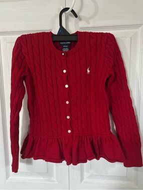 Ralph Lauren Red Cable-Knit Peplum Cardigan with Polo Logo